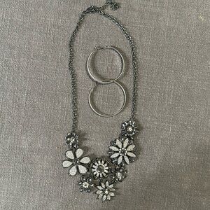 Sparkly Black & Silver Flower Nexklace & Sparkly Hoop Earrings
